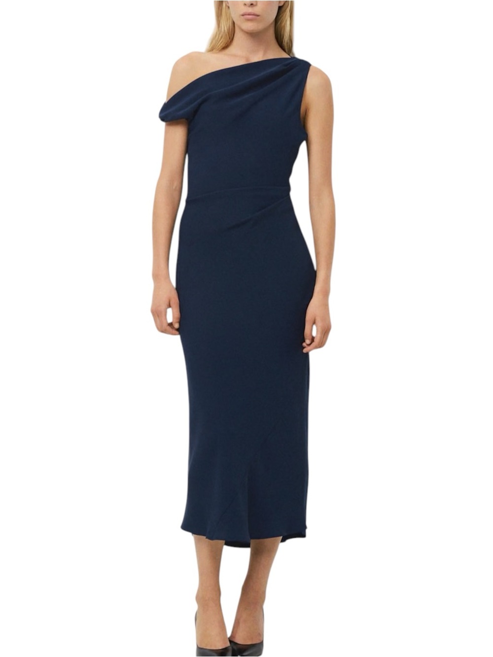 Aritzia TEN Klea One Shoulder Cowlneck Navy Matte Satin Midi Dress MEDIUM
